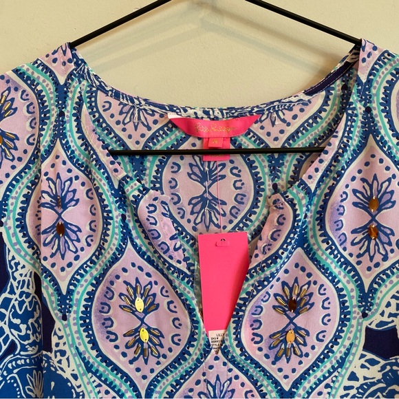 LILLY PULITZER 100% Silk Renato Tunic Deep Indigo Sea Turtle Gold Embellishment - Picture 3 of 11